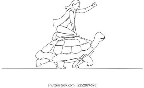 Caricatura de una mujer de negocios montada rápidamente en un concepto de tortuga de desarrollo de alta velocidad en un paisaje lento