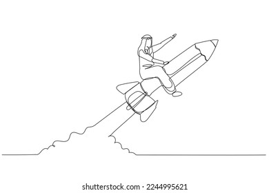 Cartoon of businesswoman riding pencil rocket flying in the sky concept of education. Single continuous line art