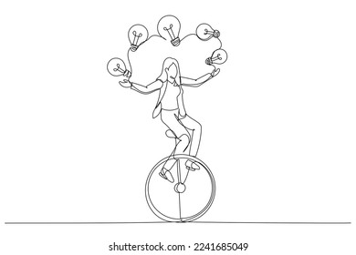 Cartoon of businesswoman riding unicycle juggling lightbulb lamp. Plenty ideas. One line art style
