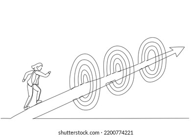 Cartoon of businesswoman running on arrow way through targets. Metaphor for achievements or challenge to achieve targets and business goals. One continuous line art style
