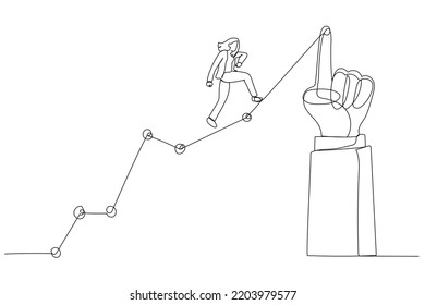 Cartoon of businesswoman running uphill on a line graphic pointed by a giant hand. One line art style
