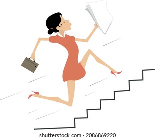 Cartoon businesswoman runs upstairs illustration. 
Smiling young woman with bag and papers goes upstairs isolated on white background