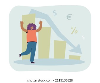 Cartoon businesswoman shocked by declining profits. Decreasing graphs with down arrow flat vector illustration. Financial crisis, bankruptcy concept for banner, website design or landing web page