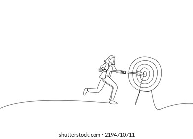 Cartoon of businesswoman shooting target with arrow. Metaphor for market goal achievement, financial aim. Single continuous line art style
