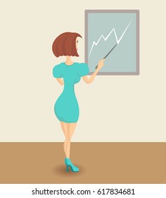 Cartoon businesswoman shows on stand schedule. Vector isolated illustration.