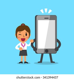 Cartoon businesswoman and smartphone