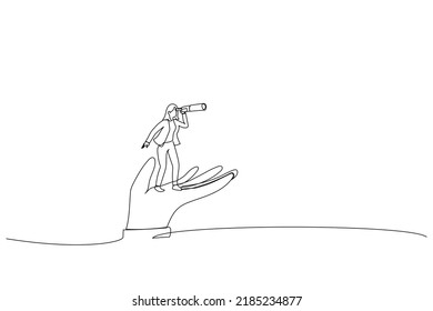 Cartoon Of Businesswoman Stand On Support Hand Look Into Telescope Vision. Support Or Empowerment For Career Development. Single Continuous Line Art Style