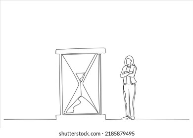 Cartoon Of Businesswoman Standing And Looking At Hourglass While Time Goes By. Patience Concept. Continuous Line Art
