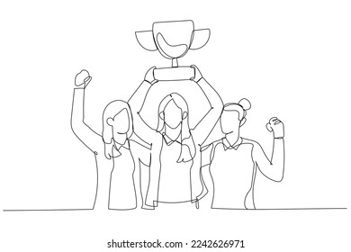 Cartoon of businesswoman standing in medals on necks holding golden trophy concept on teamwork. Continuous line art style