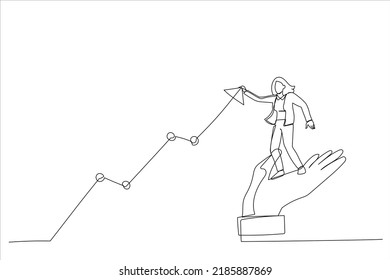 Cartoon of businesswoman standing on helping hand pull up rising graph. Drive sale increasing profit. Single continuous line art style
