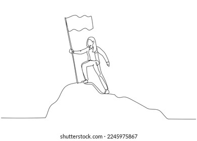 Cartoon of businesswoman standing on the top of mountain peak holding flag like conqueror. One continuous line art style