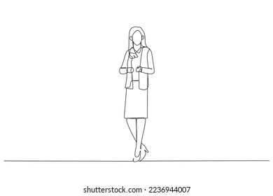 Cartoon of businesswoman with straight hair style in office with high heel shoes. One line style art
