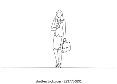 Cartoon of businesswoman in suit stops in the middle of a square to look at his smartphone. One line art style
