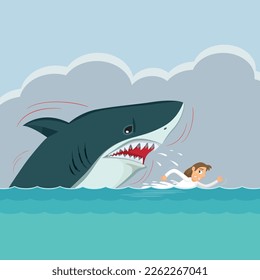 Cartoon businesswoman swimming escape sharks attack , Businessman sharks concept, Illustration vector cartoon