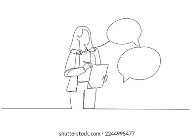 Cartoon of businesswoman taking note in the meeting while listen to others information concept of minutes of meeting. Single line art style