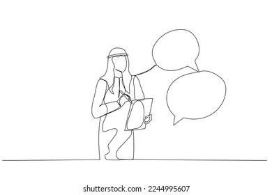 Cartoon of businesswoman taking note in the meeting while listen to others information concept of minutes of meeting. Single line art style