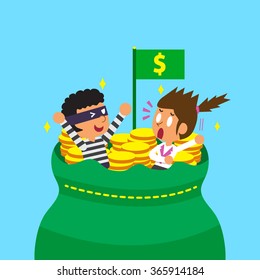 Cartoon businesswoman and thief with big money bag