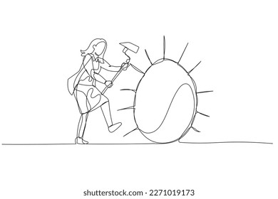 Cartoon of businesswoman try to hit giant golden egg. Concept of business success and tough luck. Single continuous line art