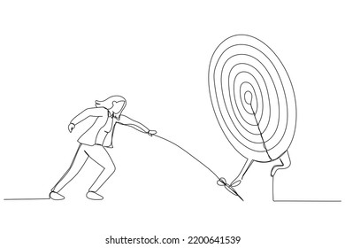 Cartoon of businesswoman try to hit a target. One continuous line art style
