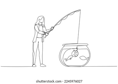 Cartoon of businesswoman try to hook and catch with coin bait. One line art style