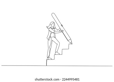 Cartoon of businesswoman use huge pencil draw staircase climbing up ladder concept of business development. Single line art style