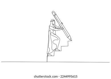 Cartoon of businesswoman use huge pencil draw staircase climbing up ladder concept of business development. Single line art style