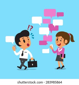 Cartoon businesswoman uses messaging app more than businessman