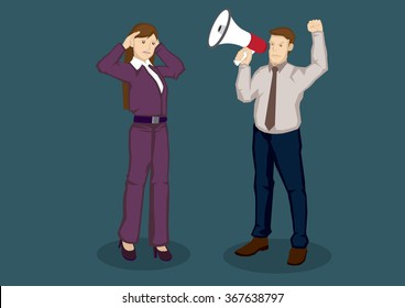 Cartoon businesswoman using hands to cup her ears and businessman using megaphone to speak to her. Vector cartoon illustration isolated on green background.