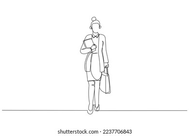 Cartoon of businesswoman walking on street. One line art style

