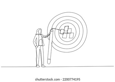 Cartoon of businesswoman write down goal on notes and put on big dartboard target. Metaphor for goal setting, achievable target or purposeful objective. One line art style
