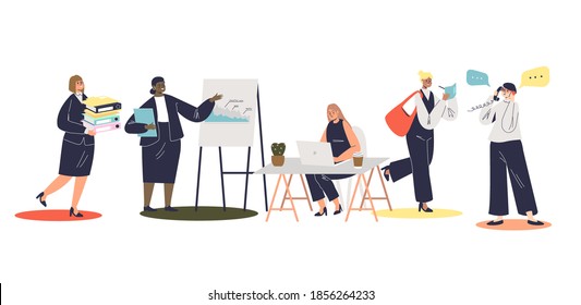 Cartoon businesswomen busy at work: with paperwork, laptop or at presentation. Set of young female business ladies successful entrepreneurs or workers. Flat vector illustration