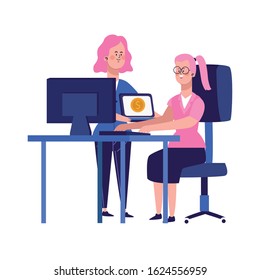 cartoon businesswomen at office desk with computers over white background, vector illustration
