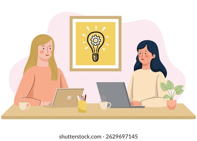 Cartoon businesswomen using laptops with idea poster

