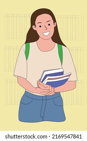 Cartoon bust of a long-haired girl with a backpack and a book in her arms