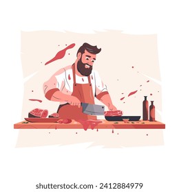 Cartoon butcher cooking meat. Chef with knife in apron cutting steak, fresh beef pork lamb steak for sale. Butchery shop cookery concept. Vector illustration
