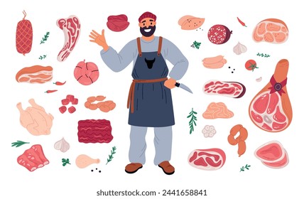 Carnicero de dibujos animados con carne. Tienda de carnes de granja. Hombre en delantal con cuchillo. Productos animales. Jamón o salchichas. Tocino de cerdo. Costillas frescas y lomo. Chuleta de ternera