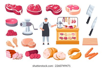 Cartoon butcher with meat. Man character with knife in chef uniform offering fresh products, sausages beef pork steaks, grocery store concept. Vector illustration of knife butcher and beef steak