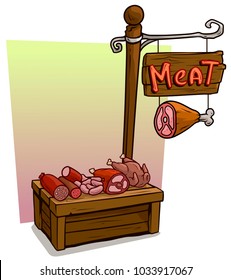 Cartoon butcher vendor booth or shop market wooden stand. Wooden sign with text Meat. Vector icon for game.