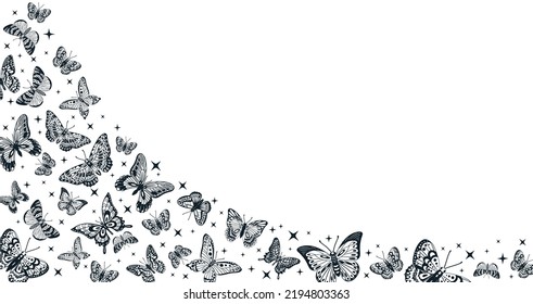 Cartoon butterflies curved background, gorgeous butterfly decoration. Flying butterfly flock, gorgeous exotic insects flat vector background illustration. Butterflies silhouettes backdrop