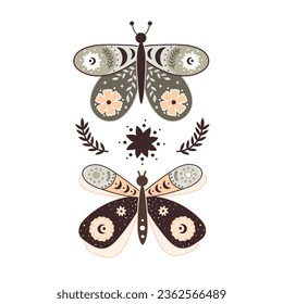Cartoon butterflies, décor elements. colorful vector illustration, retro style. design for cards, print, posters, logo, cover
