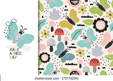 Cartoon butterflies with quote. Kids card and seamless floral background with leaves and mushrooms. Hand drawn surface design vector illustration.