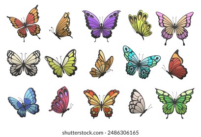 Cartoon butterflies set. Spring and summer colored flying insects isolated vector illustration