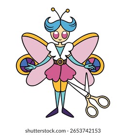 Cartoon butterfly character holding scissors insect