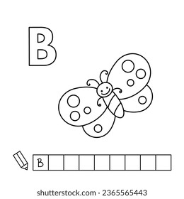 Cartoon butterfly coloring pages. Learning game for small children - write a word in English language. Vector alphabet for kids