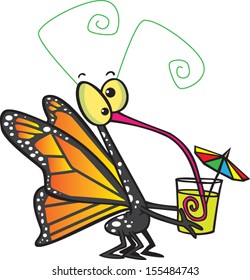 Cartoon butterfly drinking a cocktail with an umbrella in it