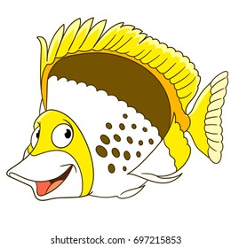 Cartoon butterfly fish, isolated on white background. Colorful book page design for kids and children.