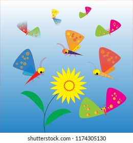 Cartoon butterfly and flower vector on blue sky background.