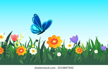 Cartoon butterfly with flowers Background Vector, blue, butterfly, flowers, grass vector background