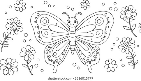 cartoon butterfly and flowers easy coloring page for children