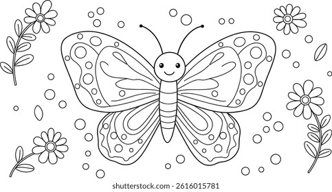 cartoon butterfly and flowers easy coloring page for children